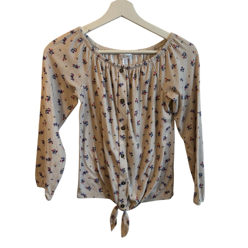 Love, Glam Girl Cream Floral girls M Top with tie accent 
Button detail soft